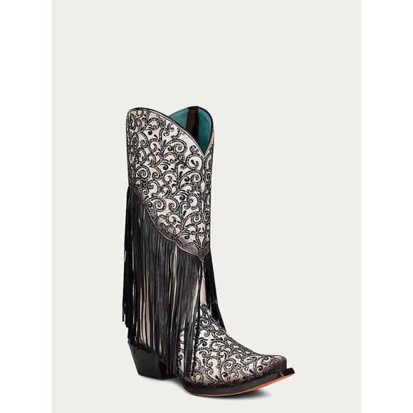 Corral Women’s OVERLAY BLACK EMBROIDERY LAMB FRINGE WHITE SNIP TOE COWBOY BOOT - Picture 1 of 15